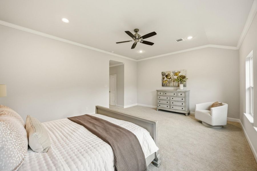 Ample space accommodates a king-size bed effortlessly, affirming the primary bedroom as a suite of grand proportions. Ample space accommodates a king-size bed effortlessly, affirming the primary bedroom as a suite of grand proportions.