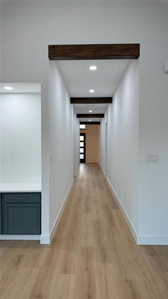 Hallway with wood beams