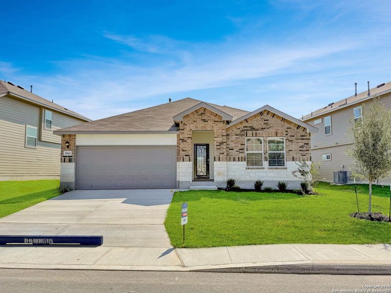 Front exterior of a new home in Riverstone at Westpointe, San Antonio, TX, highlighting curb appeal (Image 1). Front exterior of a new home in Riverstone at Westpointe, San Antonio, TX, highlighting curb appeal (Image 1).