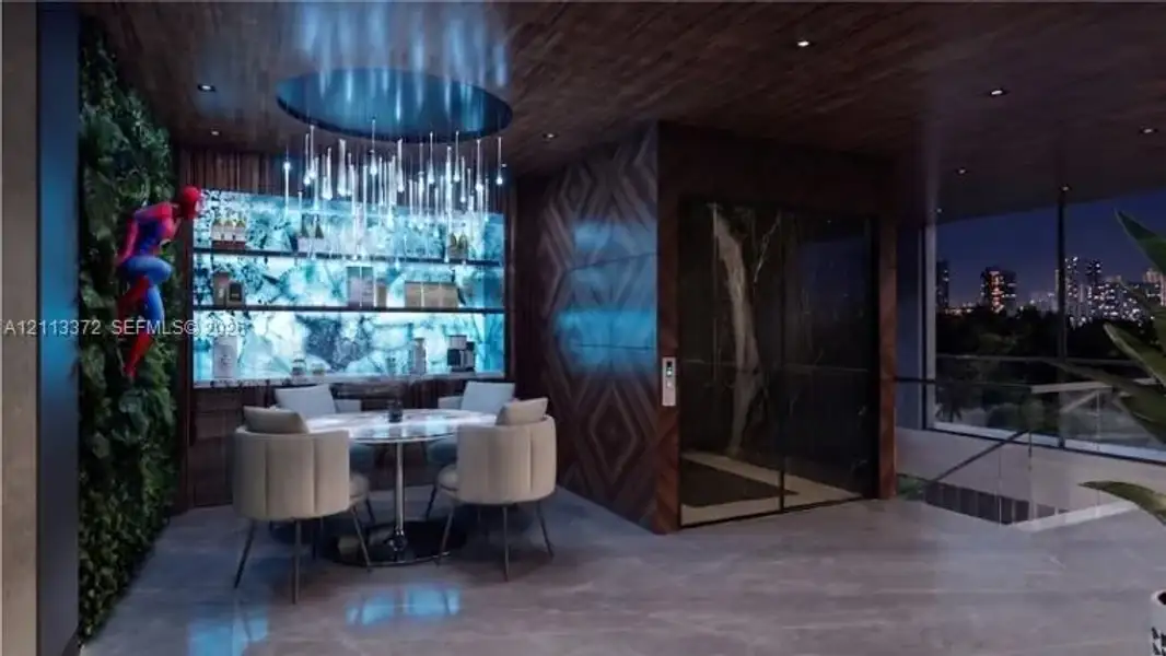 Interior space featuring a backlit stone-slab bar, wood-paneled ceiling, integrated elevator with dark stone surround, and vertical botanical wall installation