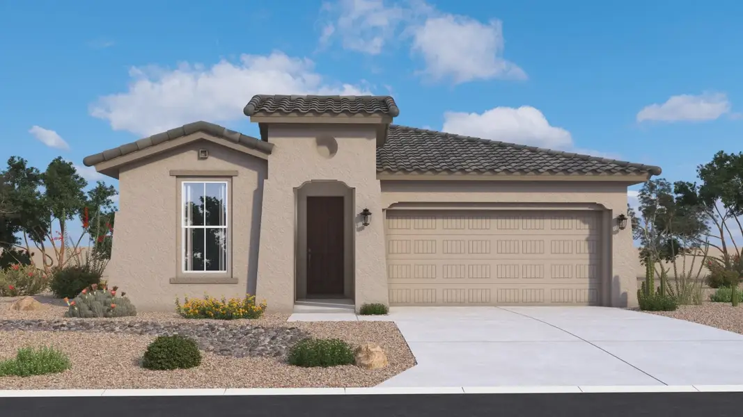 Front exterior of a new home in Saguaro Hills at Vistancia, Peoria, AZ, highlighting curb appeal (Image 1). Front exterior of a new home in Saguaro Hills at Vistancia, Peoria, AZ, highlighting curb appeal (Image 1).