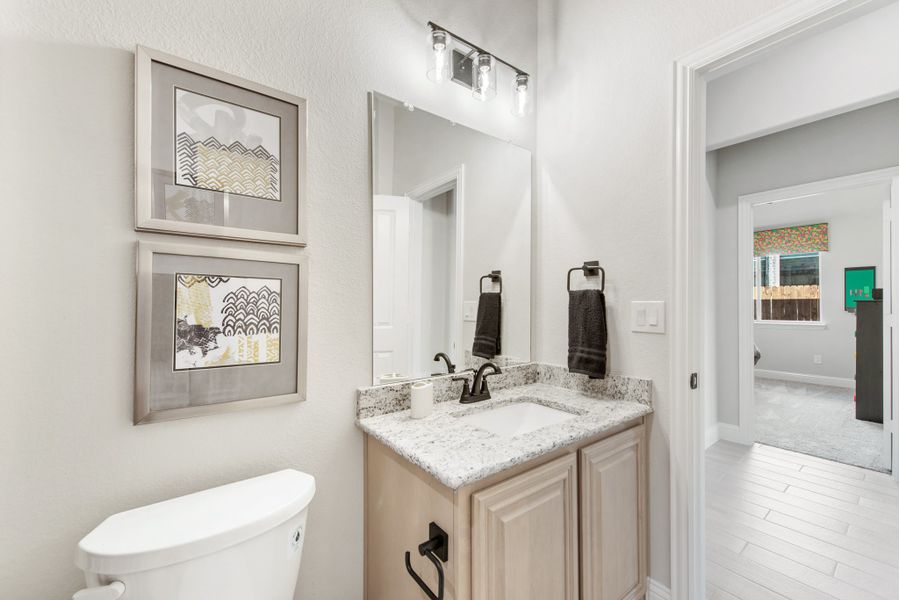 Bathroom with granite vanity, large mirror, and light wood cabinets with black fixtures Bathroom with granite vanity, large mirror, and light wood cabinets with black fixtures