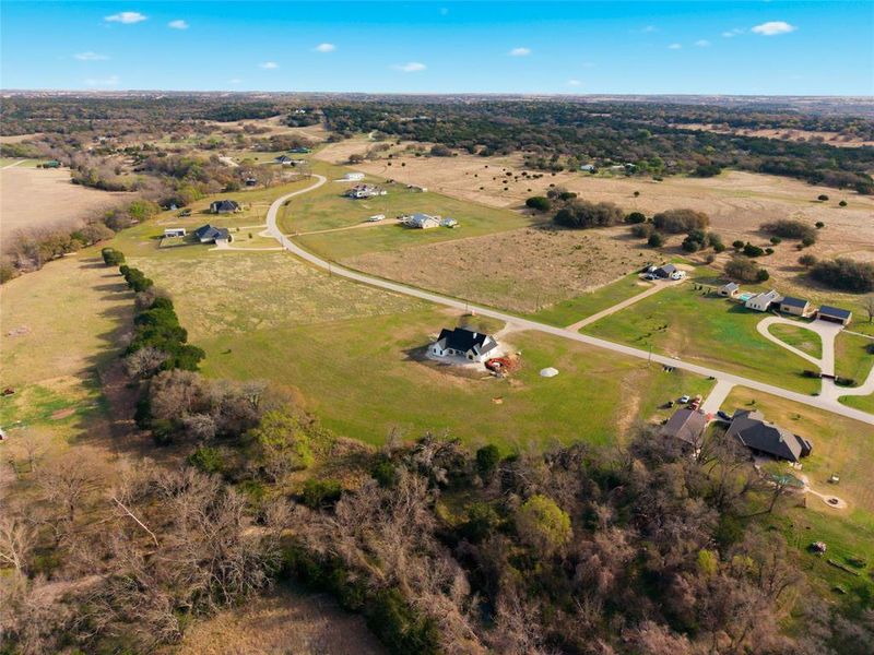 Aerial view of property and surrounding area with rural landscape