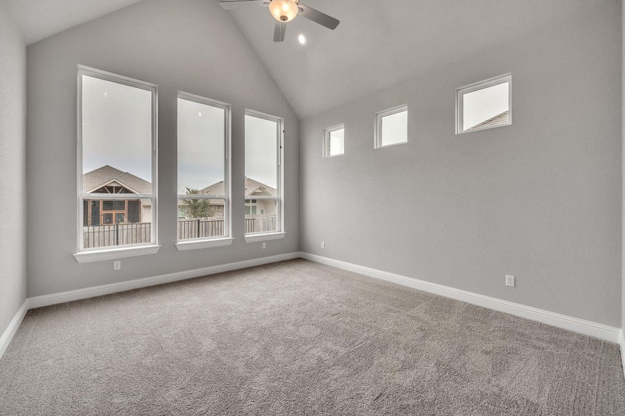 Carpeted spare room featuring ceiling fan, a wealth of natural light, and baseboards Carpeted spare room featuring ceiling fan, a wealth of natural light, and baseboards