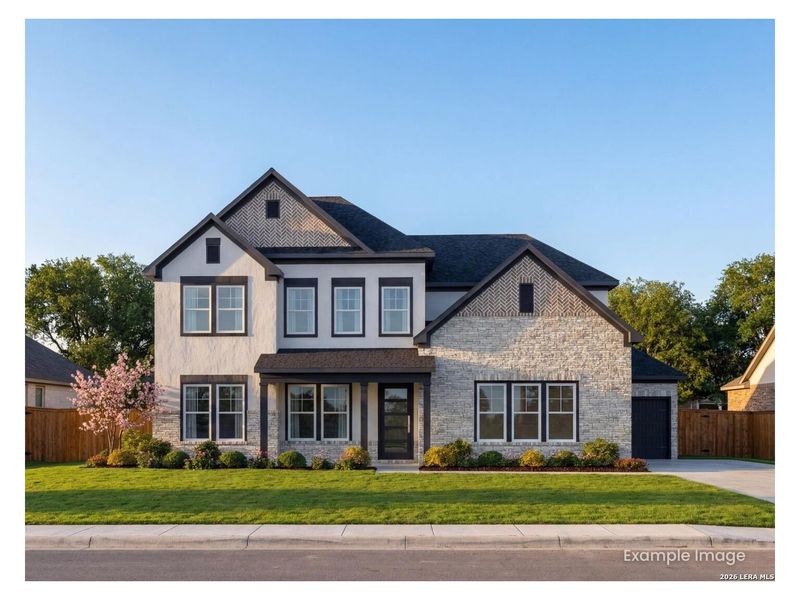 Front exterior of a new home in Potranco Oaks, Castroville, TX, highlighting curb appeal (Image 1). Front exterior of a new home in Potranco Oaks, Castroville, TX, highlighting curb appeal (Image 1).