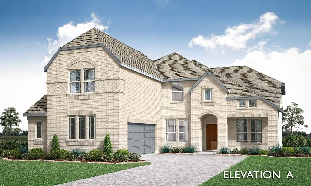 Two-story brick home with arched entry, two-car garage, and stone driveway, Elevation A rendering. Two-story brick home with arched entry, two-car garage, and stone driveway, Elevation A rendering.