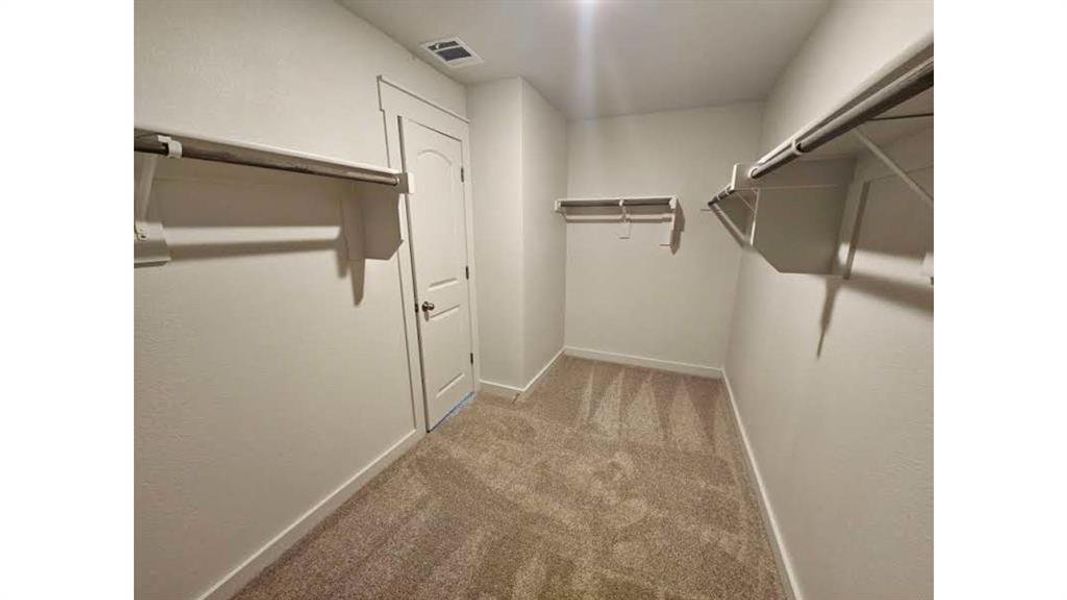 Carpeted closet space featuring multiple clothing rods and shelving
