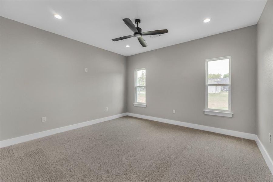 Carpeted spare room featuring a wealth of natural light and ceiling fan