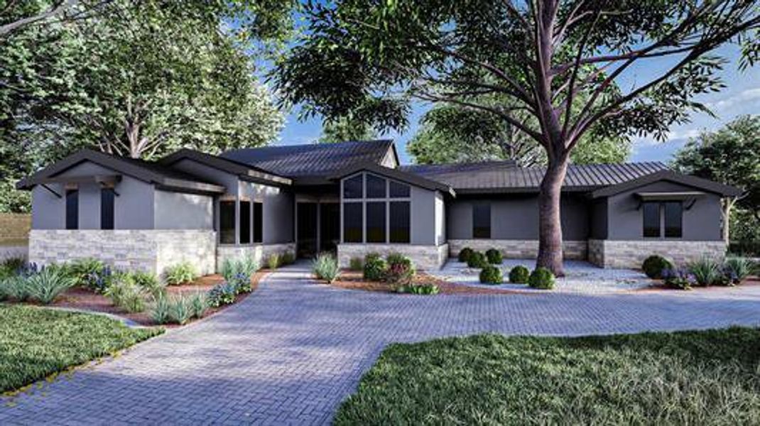 View of front of home featuring stone siding and stucco siding
