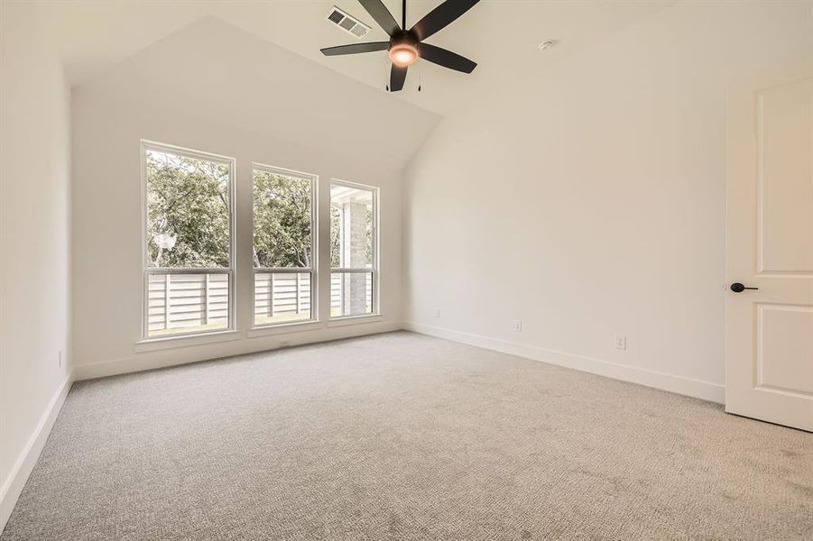 Empty room with carpet floors, healthy amount of natural light, ceiling fan, lofted ceiling, and baseboards