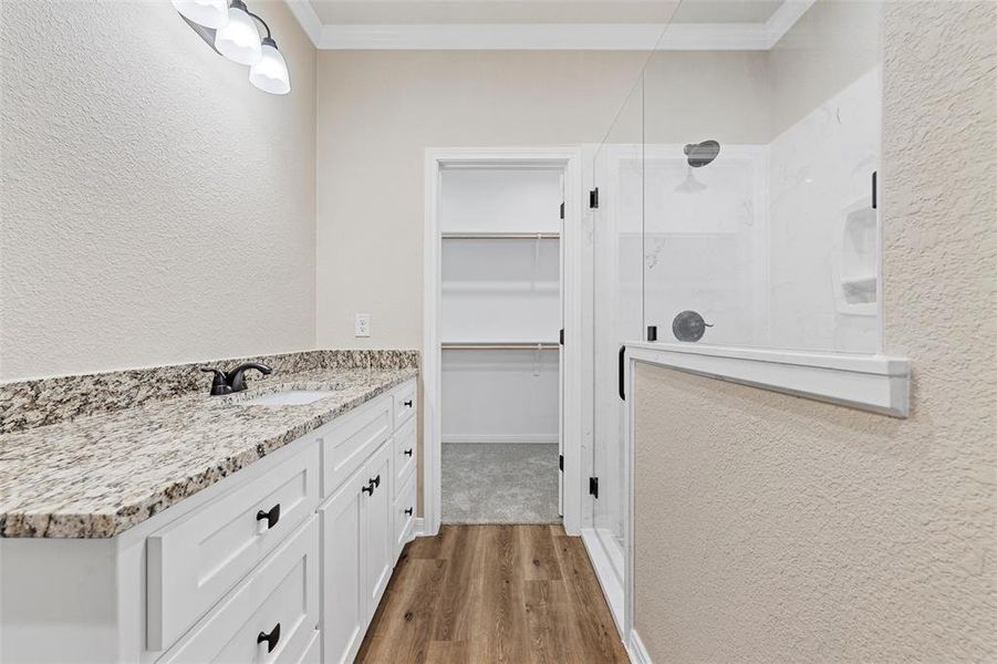 Bathroom with a shower stall, ornamental molding, wood finished floors, vanity, and a spacious closet