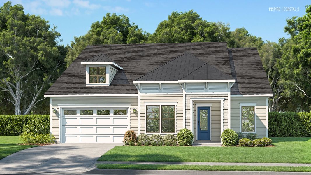 Representative exterior photo of a completed home built from the Inspire by DRB Elevate. in Summerwind Crossing at Lakes of Cane Bay, Summerville, SC (Image 21).