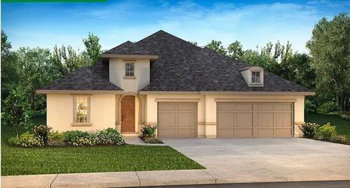 Front exterior of a new home in Del Bello Lakes 60', Manvel, TX, highlighting curb appeal (Image 1). Front exterior of a new home in Del Bello Lakes 60', Manvel, TX, highlighting curb appeal (Image 1).
