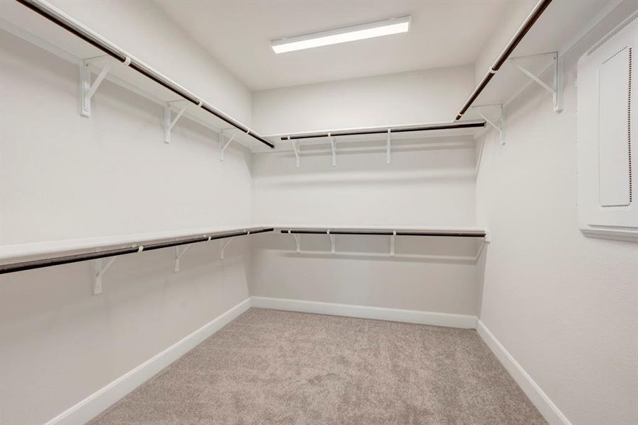 Walk in closet with light colored carpet and electric panel