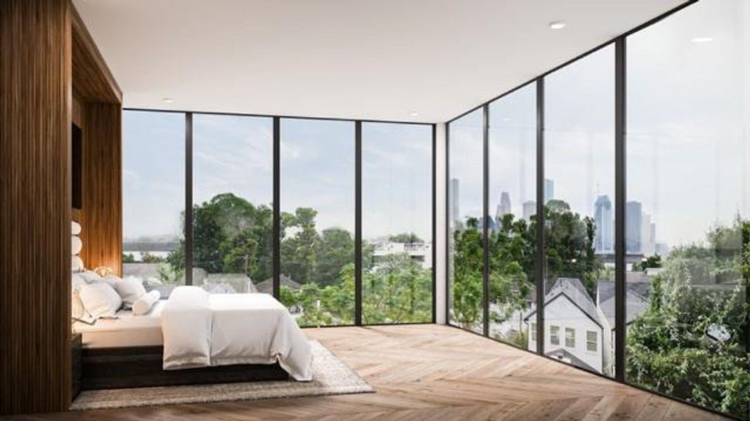 This modern bedroom features floor-to-ceiling windows with stunning downtown city views and treetop views, a cozy bed, and elegant wood flooring, offering a serene and luxurious living space. Virtually Staged.