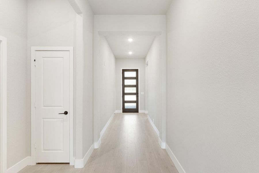 Bright hallway with light wood floors, white walls, and dark front door with glass panels
