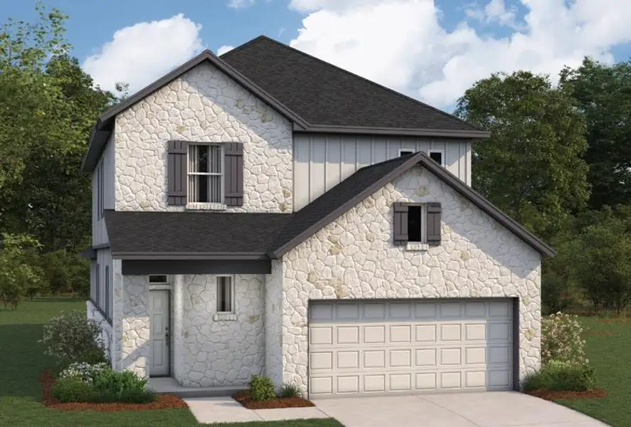 Front exterior of a new home in Heritage, Dripping Springs, TX, highlighting curb appeal (Image 1). Front exterior of a new home in Heritage, Dripping Springs, TX, highlighting curb appeal (Image 1).