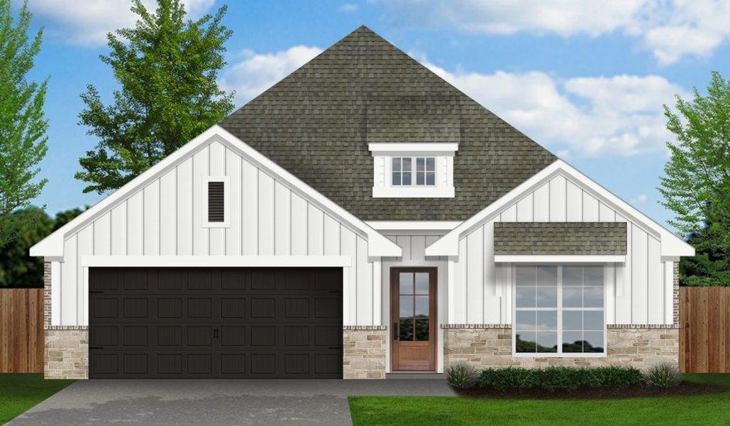 Modern farmhouse style home featuring roof with shingles, board and batten siding, stone siding, and concrete driveway Modern farmhouse style home featuring roof with shingles, board and batten siding, stone siding, and concrete driveway