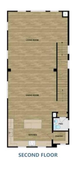 The second floor offers spacious open-concept living, dining, and kitchen areas designed for modern comfort and entertaining.