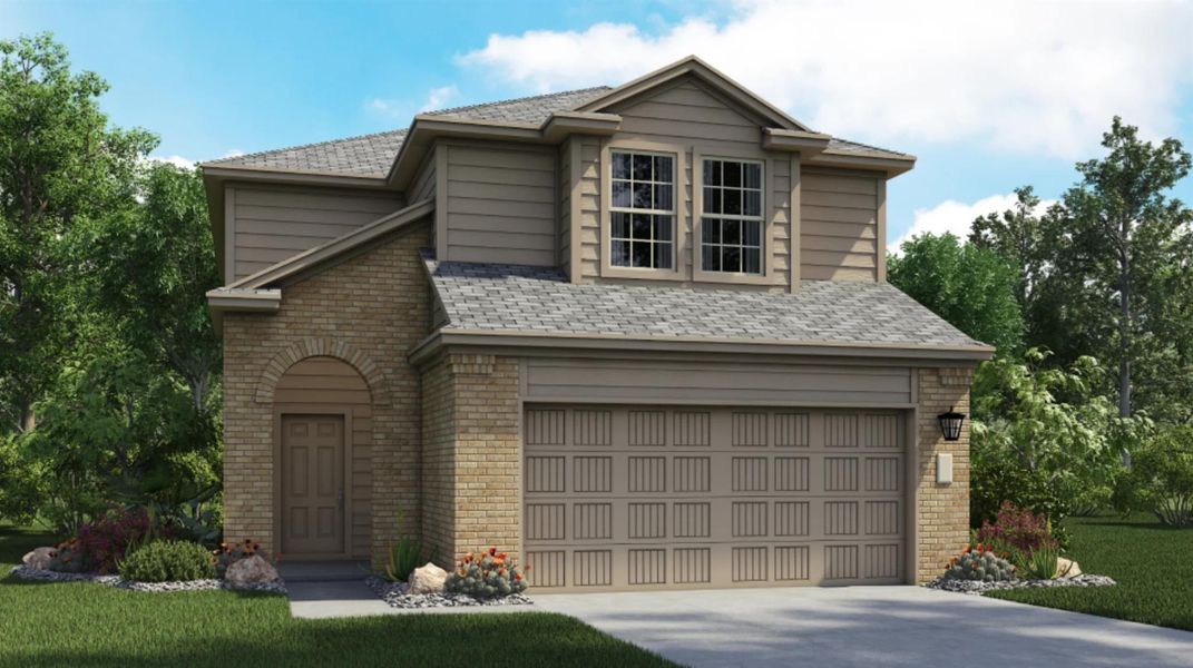 Front exterior of a new home in Woodfield Preserve, Georgetown, TX, highlighting curb appeal (Image 2). Front exterior of a new home in Woodfield Preserve, Georgetown, TX, highlighting curb appeal (Image 2).