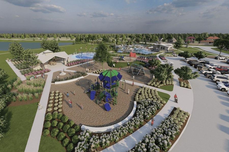 Amenities include a community center, planned park and playground, water park and lazy river, and community splashpad.