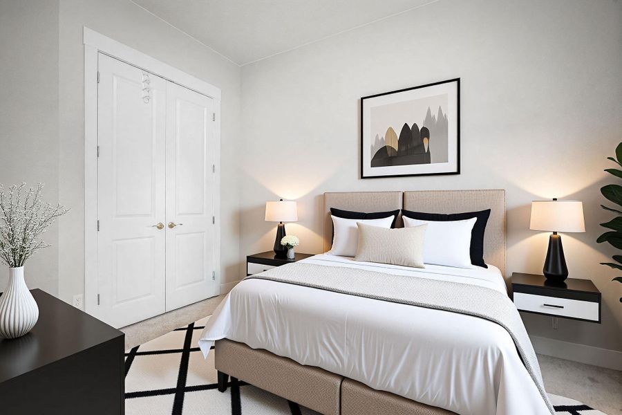Rest in this well-lit bedroom featuring a neutral color palette and ample storage.