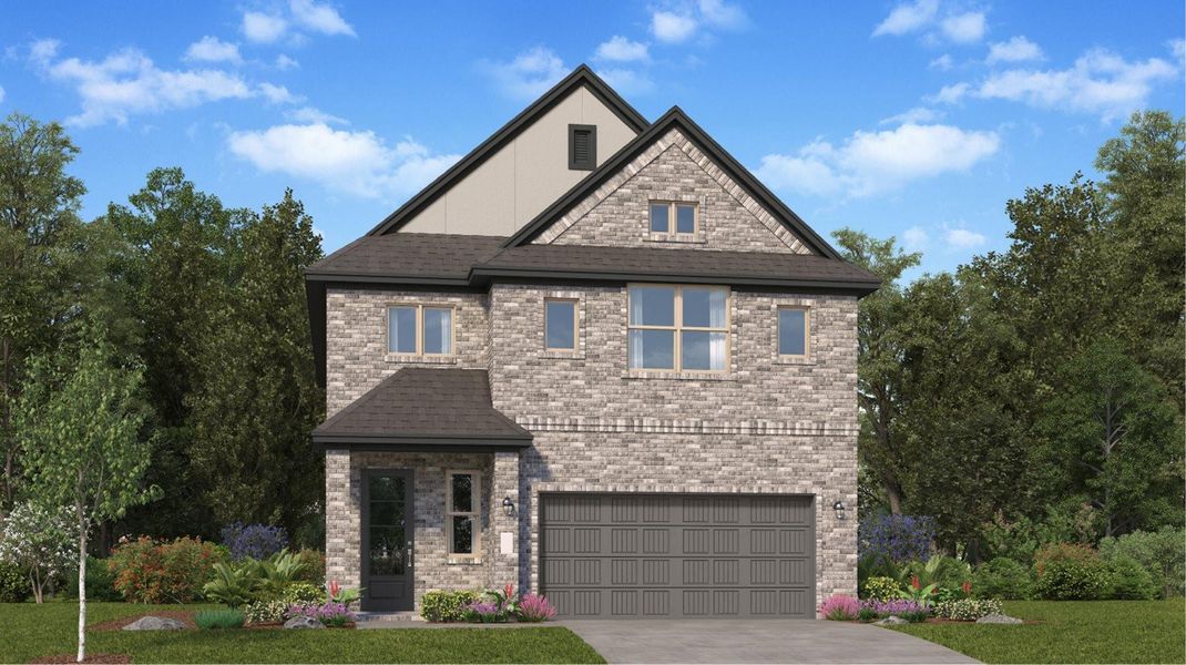 Front exterior of a new home in Tavola: Avante Collection, New Caney, TX, highlighting curb appeal (Image 1). Front exterior of a new home in Tavola: Avante Collection, New Caney, TX, highlighting curb appeal (Image 1).
