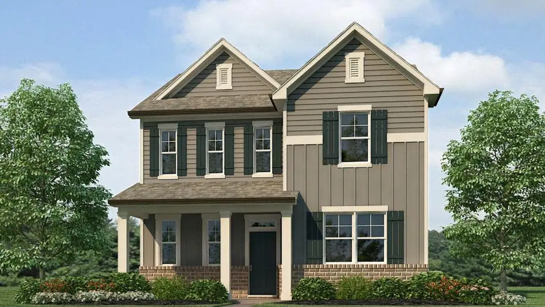 Front exterior of a new home in Braselton Village, Braselton, GA, highlighting curb appeal (Image 1). Front exterior of a new home in Braselton Village, Braselton, GA, highlighting curb appeal (Image 1).