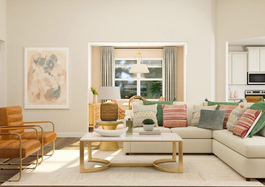 Rendering of the living room showing the
  dining room and kitchen in the background. The living room has a sectional
  couch, two chairs and a coffee table.