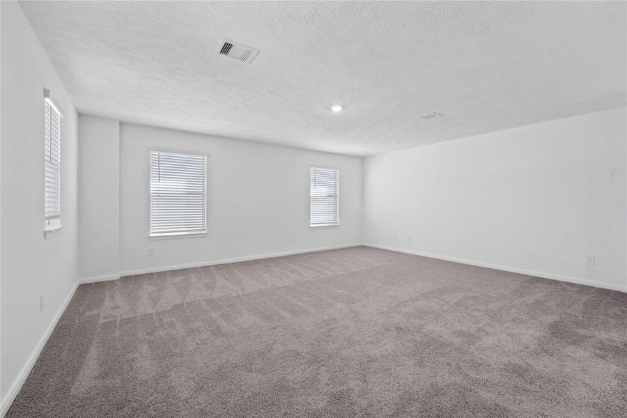 Come upstairs and enjoy a day of leisure in this fabulous game room! This is the perfect hangout spot or adult game room, this space features plush carpet, high ceiling, lighting, custom paint and large windows with privacy blinds.