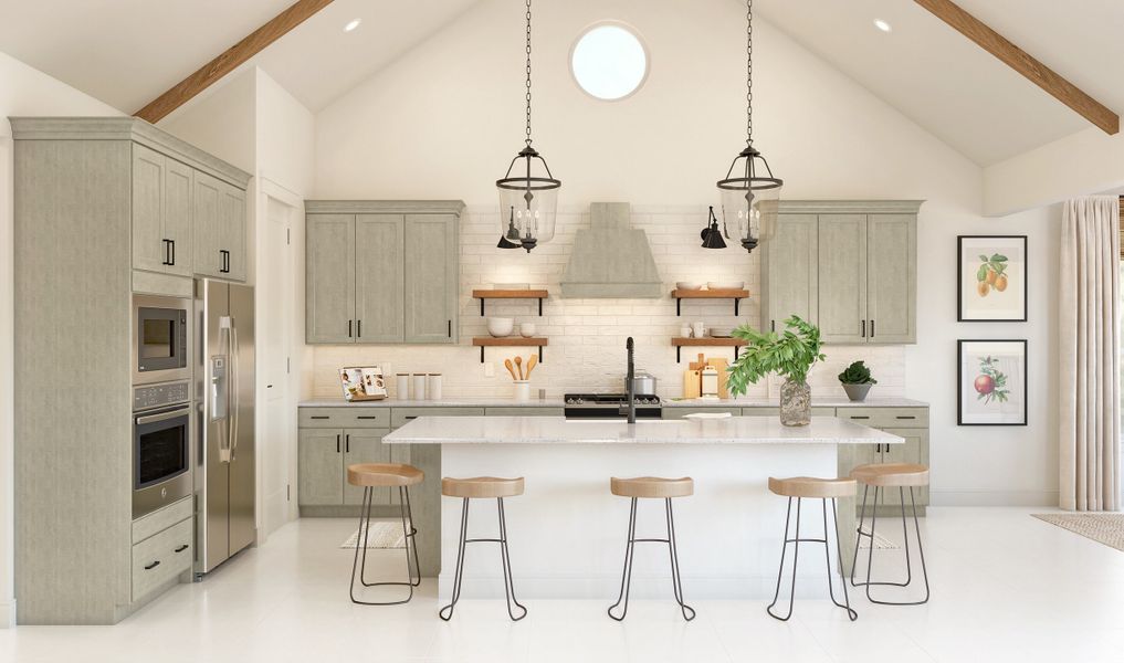 Kitchen with pendant lighting and floating shelves