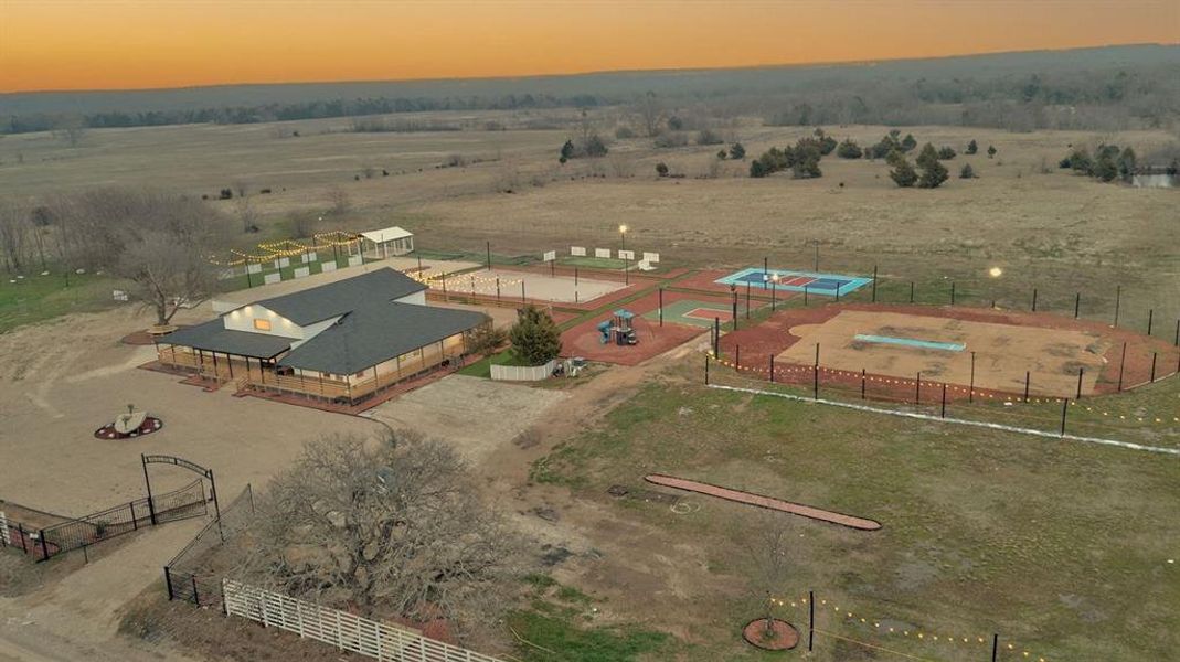 Aerial view of event center and surrounding outdoor spaces