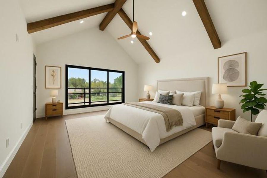 Bedroom featuring beam ceiling, recessed lighting, light wood finished floors, baseboards, and a ceiling fan. Photo for example of possible furnishings