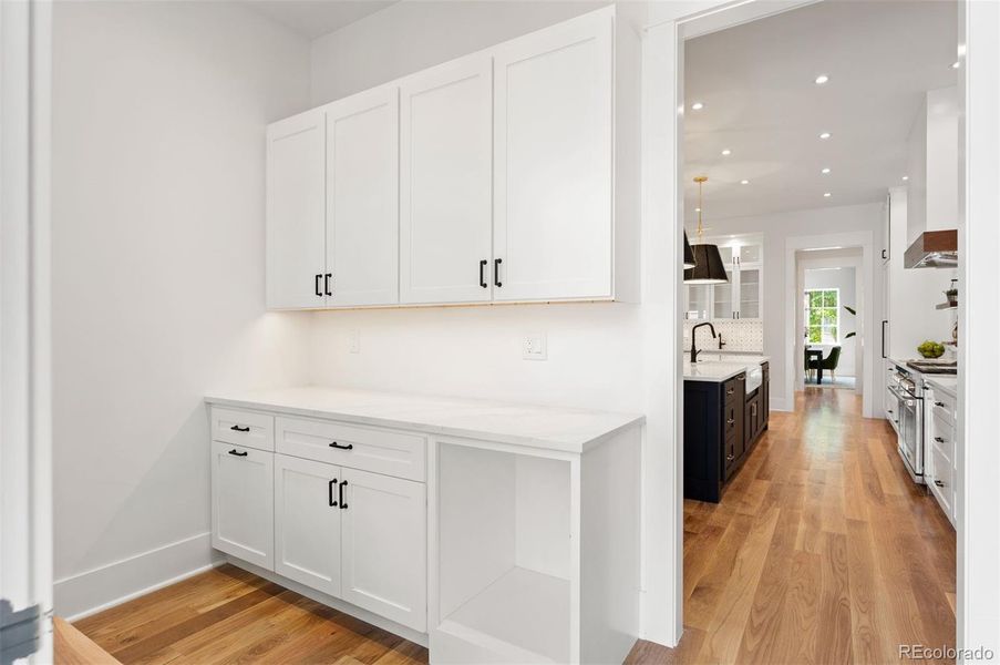 Mudroom with bench and dog food and water station