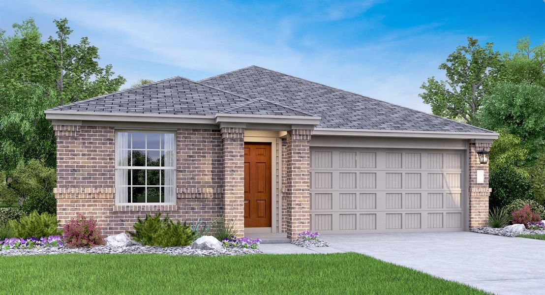 Front exterior of a new home in Cotton Brook: Claremont Collection, Hutto, TX, highlighting curb appeal (Image 2).