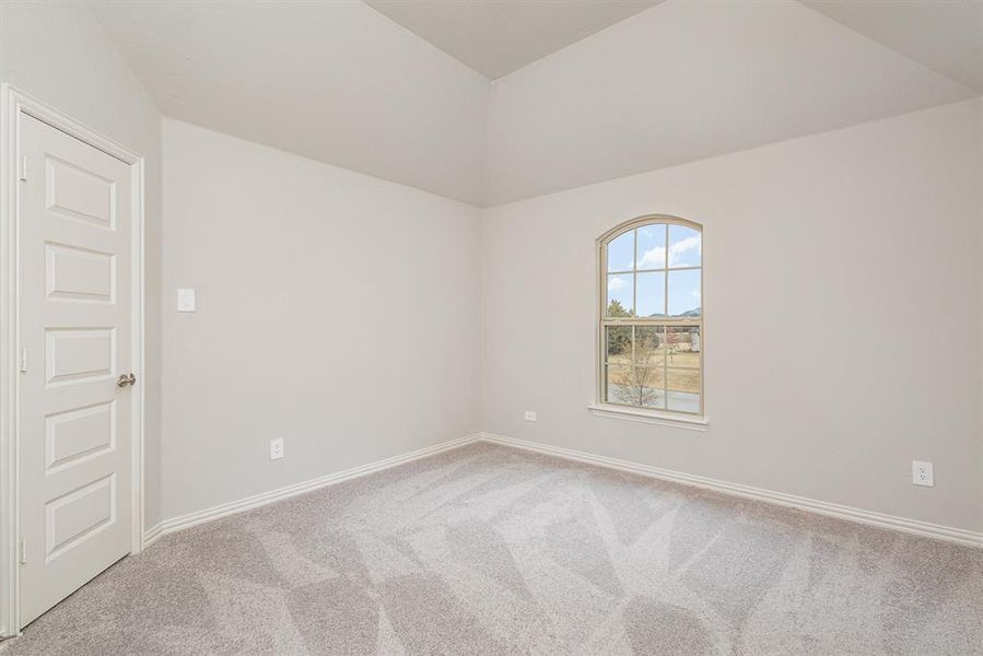 Unfurnished room featuring light colored carpet and vaulted ceiling