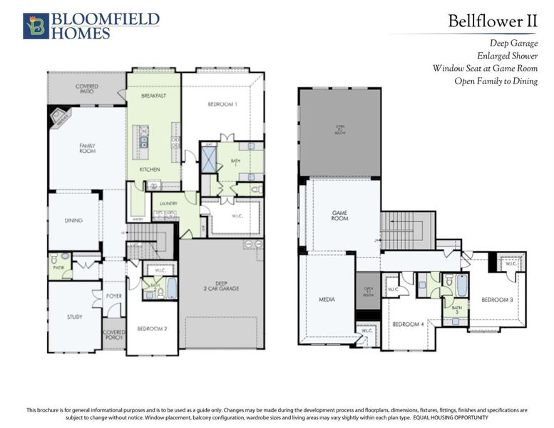 Bloomfield Homes Bellflower II two-story floor plan with four bedrooms, game room, media room, and two-car garage.
