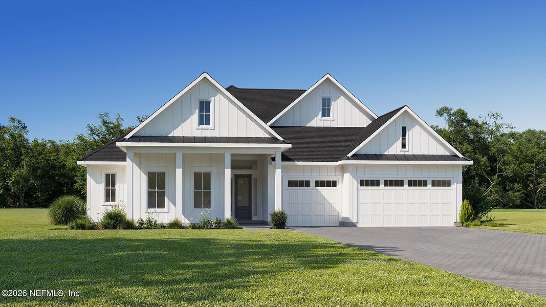 Front exterior of a new home in SilverLeaf, St. Augustine, FL, highlighting curb appeal (Image 1). Front exterior of a new home in SilverLeaf, St. Augustine, FL, highlighting curb appeal (Image 1).