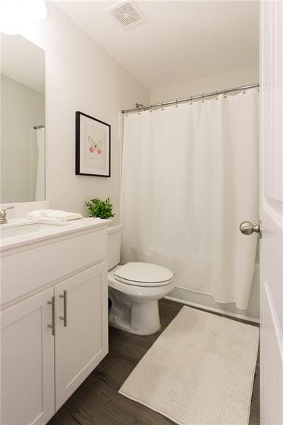 Bathroom with toilet, wood-type flooring, and vanity with extensive cabinet space