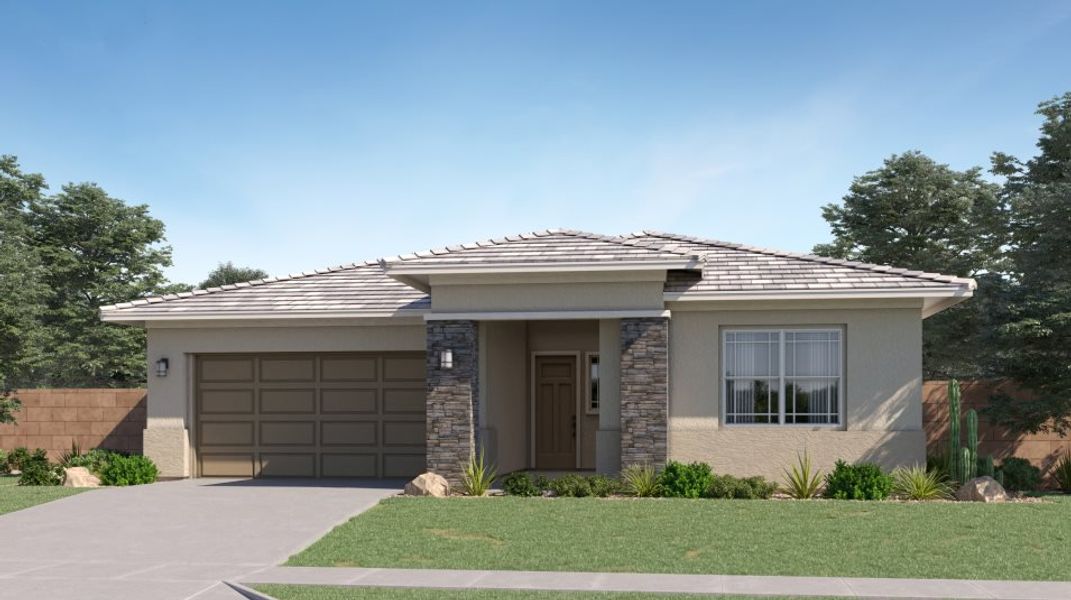 Front exterior of a new home in Windstone Ranch, Surprise, AZ, highlighting curb appeal (Image 1). Front exterior of a new home in Windstone Ranch, Surprise, AZ, highlighting curb appeal (Image 1).