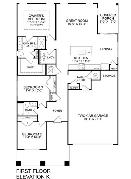 2D floor plan layout for the Bramante Ranch by Ryan Homes in Pine Ridge Estates, Ridgeville, SC (Image 2).