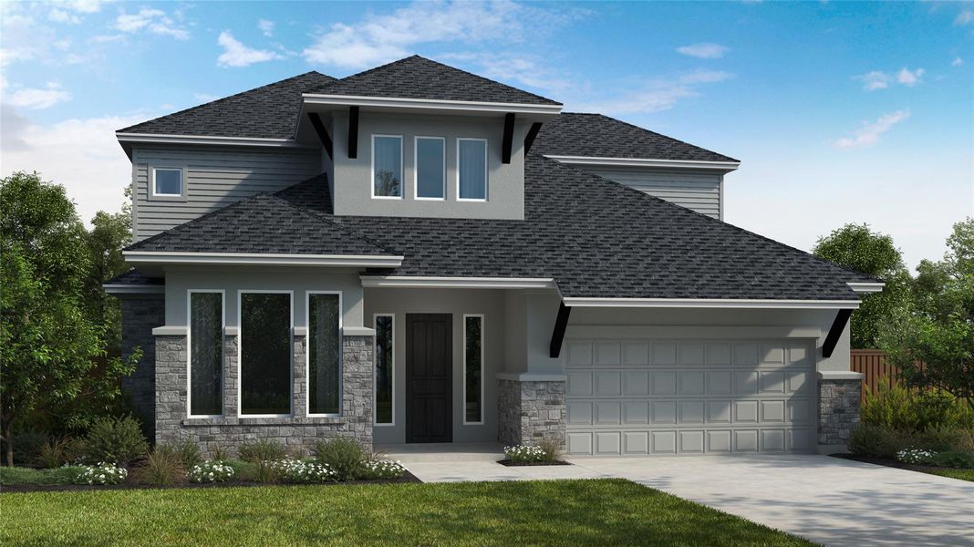 Front exterior of a new home in Blackhawk, Pflugerville, TX, highlighting curb appeal (Image 1).