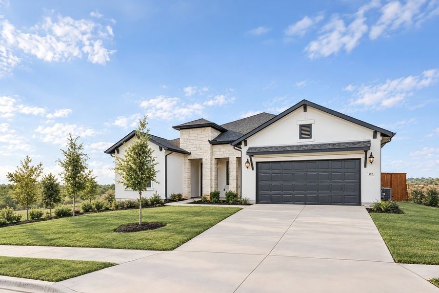 Front exterior of a new home in Silverleaf, Cedar Creek, TX, highlighting curb appeal (Image 18). Front exterior of a new home in Silverleaf, Cedar Creek, TX, highlighting curb appeal (Image 18).