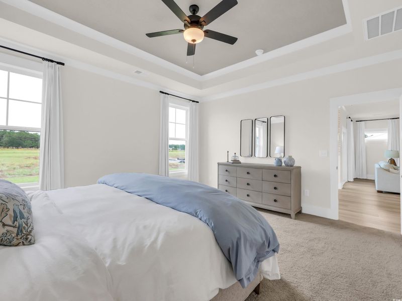 Carpeted bedroom with a tray ceiling and ceiling fan Carpeted bedroom with a tray ceiling and ceiling fan