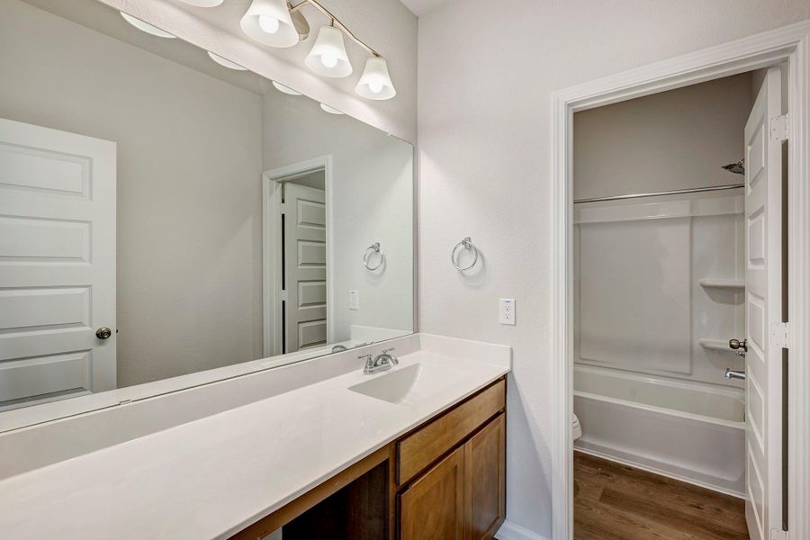 The Oriole II- Hall Bath Upstairs with Extended Countertop Space and Door for added Privacy. The Oriole II- Hall Bath Upstairs with Extended Countertop Space and Door for added Privacy.