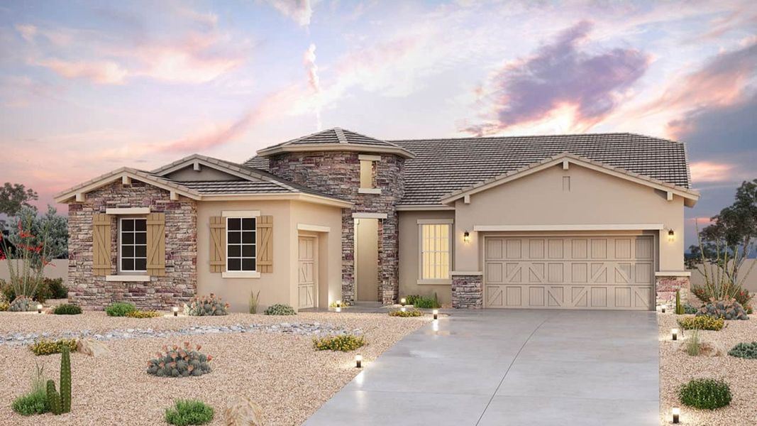 Representative exterior photo of a completed home built from the Seville by Brightland Homes in Arroyo Seco - Palazzo, Buckeye, AZ (Image 4). Representative exterior photo of a completed home built from the Seville by Brightland Homes in Arroyo Seco - Palazzo, Buckeye, AZ (Image 4).