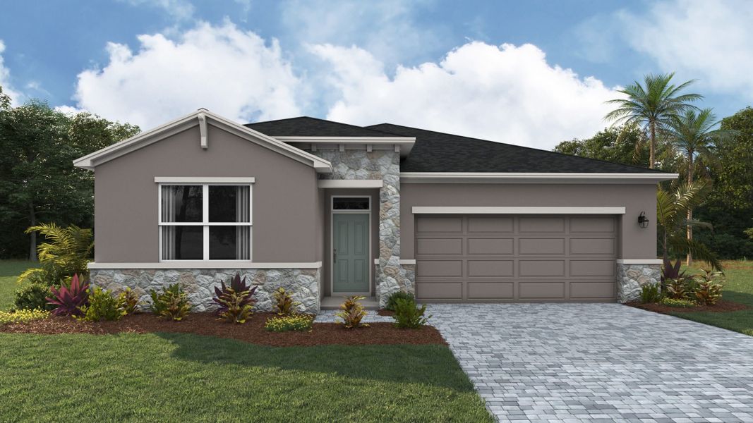 Front exterior of a new home in Legacy Preserve, Parrish, FL, highlighting curb appeal (Image 1). Front exterior of a new home in Legacy Preserve, Parrish, FL, highlighting curb appeal (Image 1).