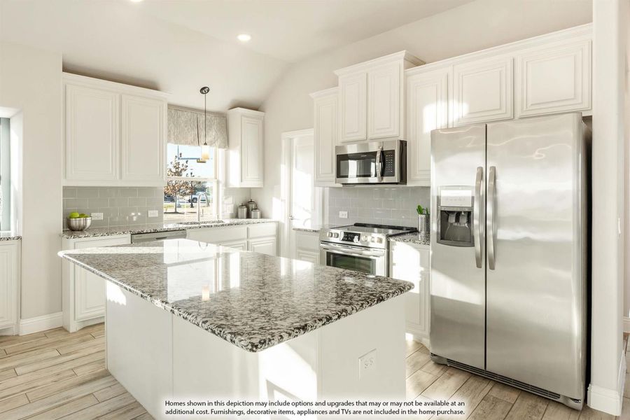 Kitchen with white cabinets, granite island, stainless steel appliances, and gray tile backsplash Kitchen with white cabinets, granite island, stainless steel appliances, and gray tile backsplash