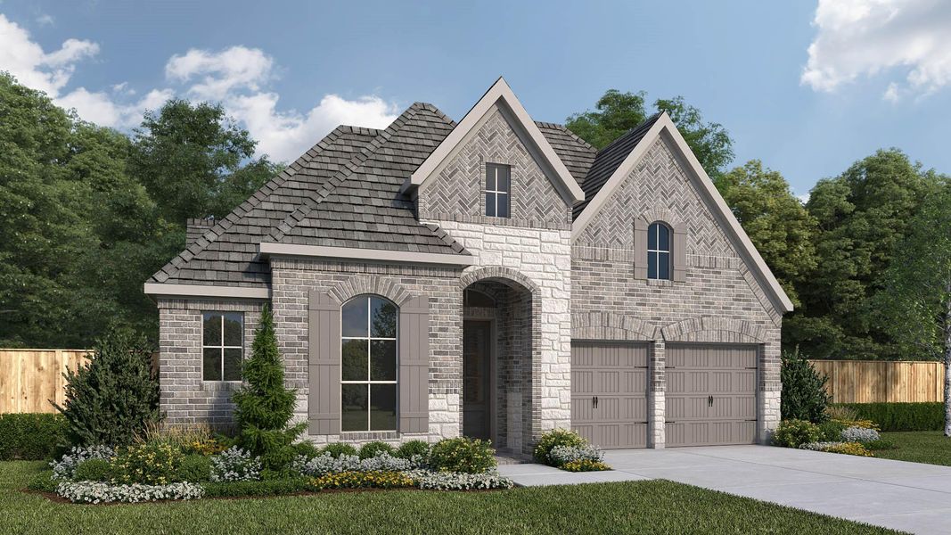 Front exterior of a new home in Riceland 50', Mont Belvieu, TX, highlighting curb appeal (Image 13).