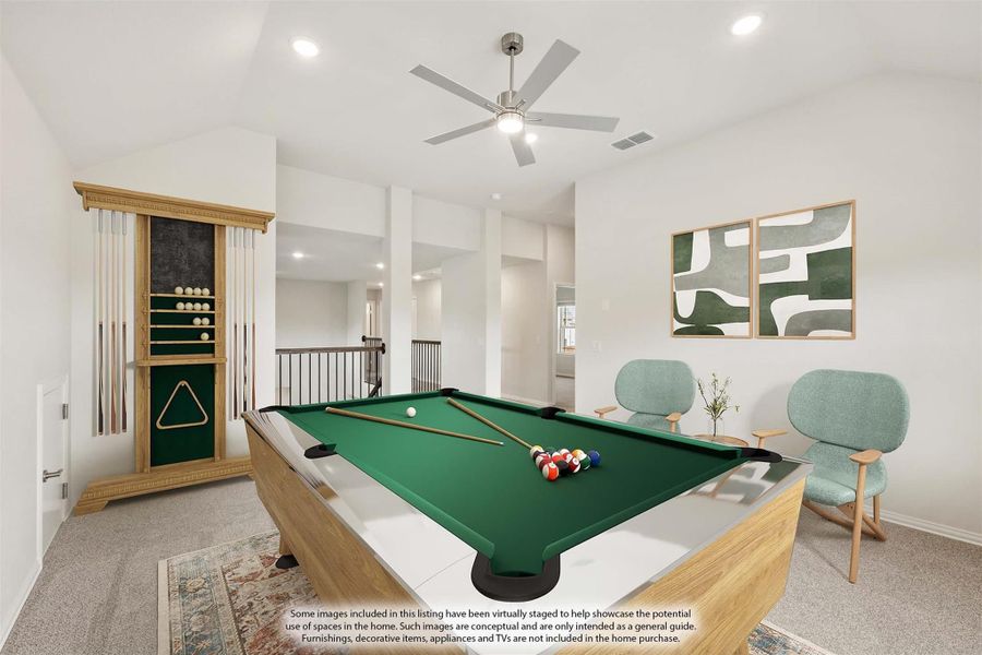 Game room with pool table, cue rack, ceiling fan, and seating area on carpeted floor